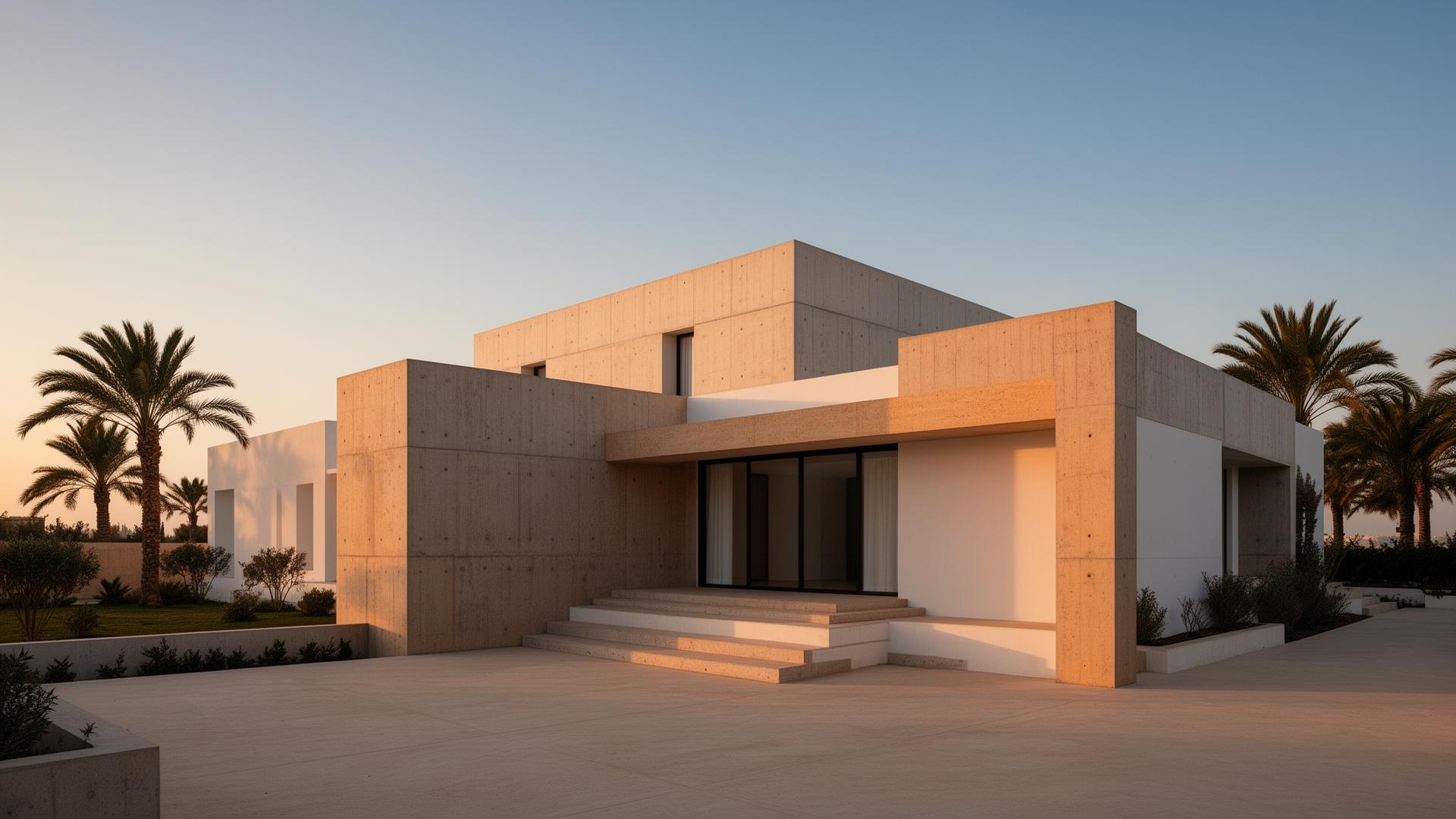 Villa contemporaine en béton et pierre à Sousse au lever du jour